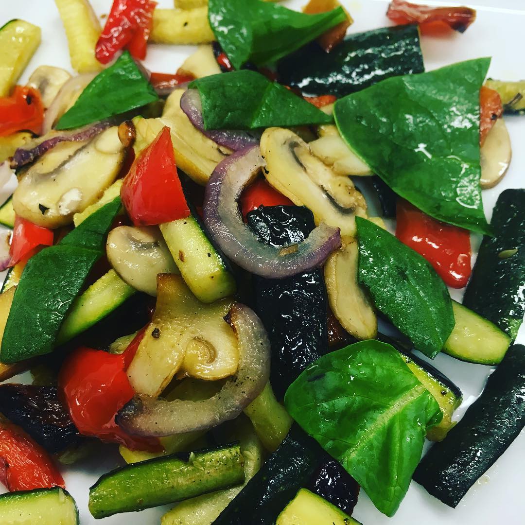 Chilly night. Try side dish of oven roasted vegetables #zucchini #mushrooms #onions #spinach #theviewpizza #veggies