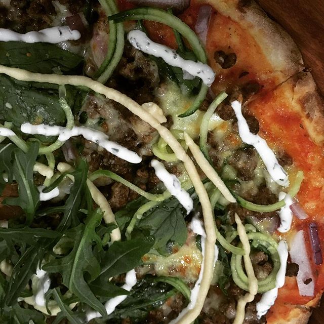 Spirals of hummus, mint yoghurt and cucumber with Moroccan lamb. Anything can be on #theviewpizzaspecial 
#Theviewpizza